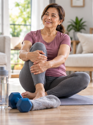 Adult woman stretching at home