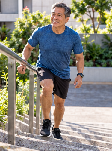 Adult man walking up outdoor stairs